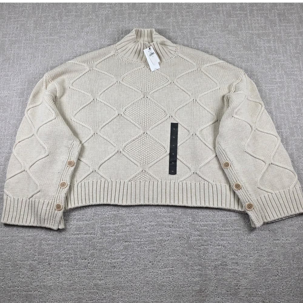 NEW Banana Republic Womens XL Cream Cable Knit Mock Neck Button Sleeve Sweater